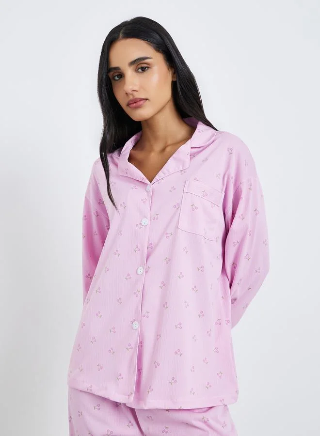 Styli Ditsy Print Shirt and Pyjama Set